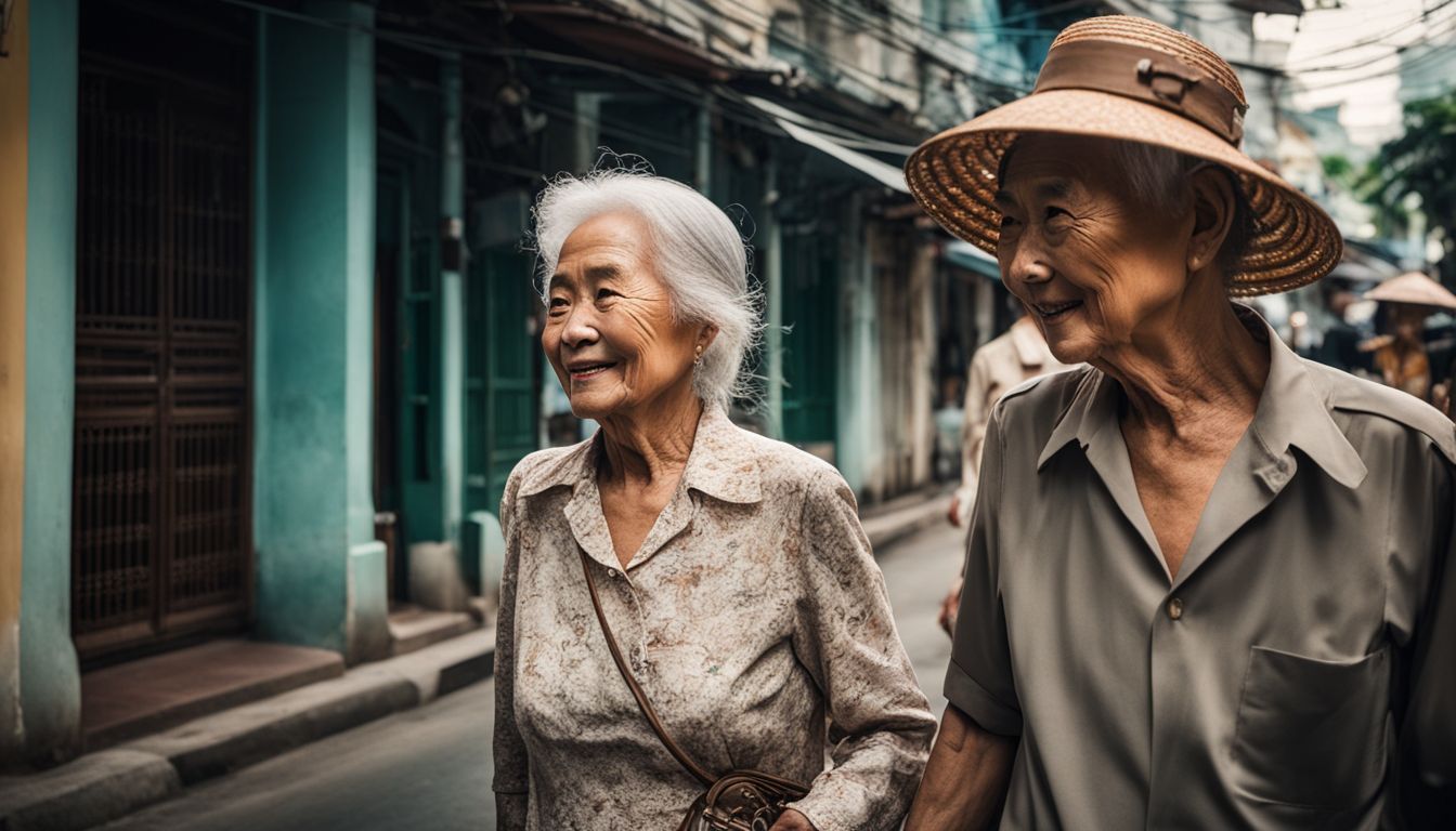An elderly couple strolls hand in hand through the historic streets of Ho Chi Minh City.