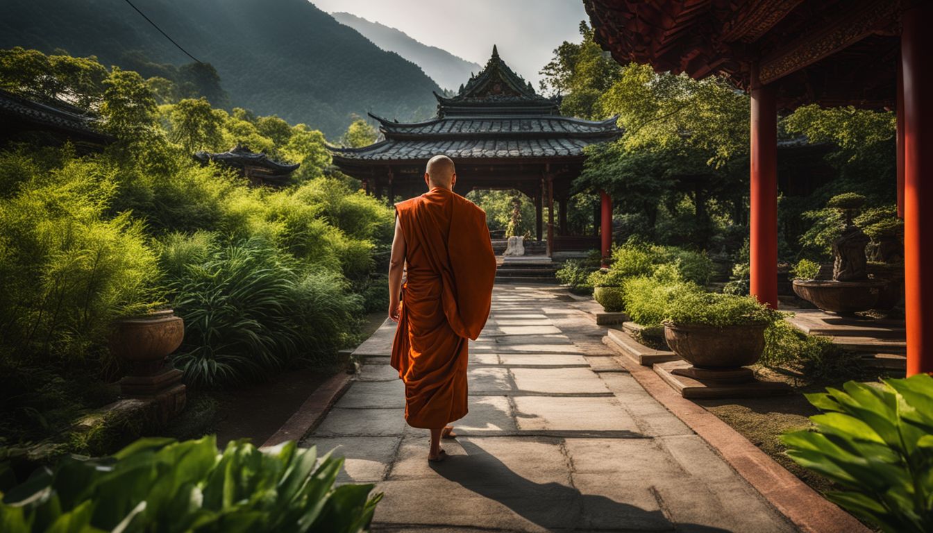 A Buddhist monk walks peacefully through a lush garden in varied outfits and settings.