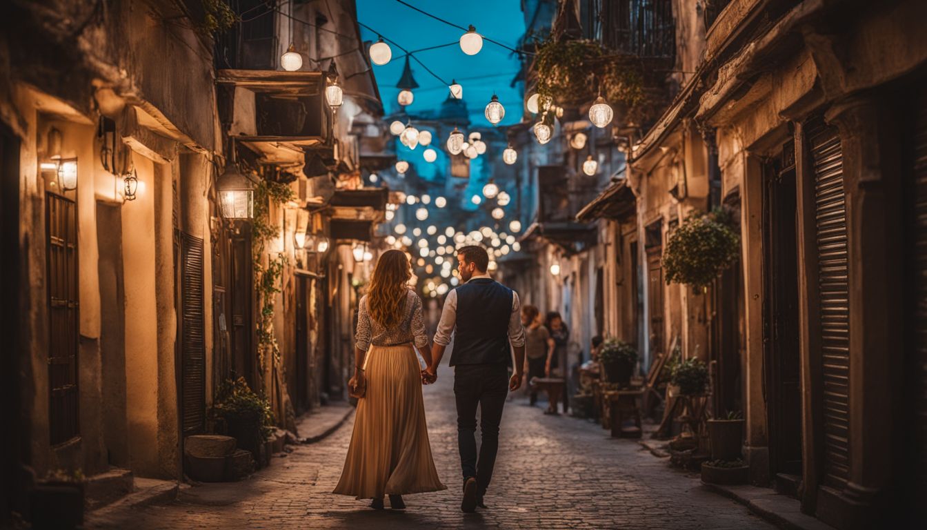 A young woman and a man explore the Old City's intricate alleyways, capturing the bustling atmosphere in vivid detail.