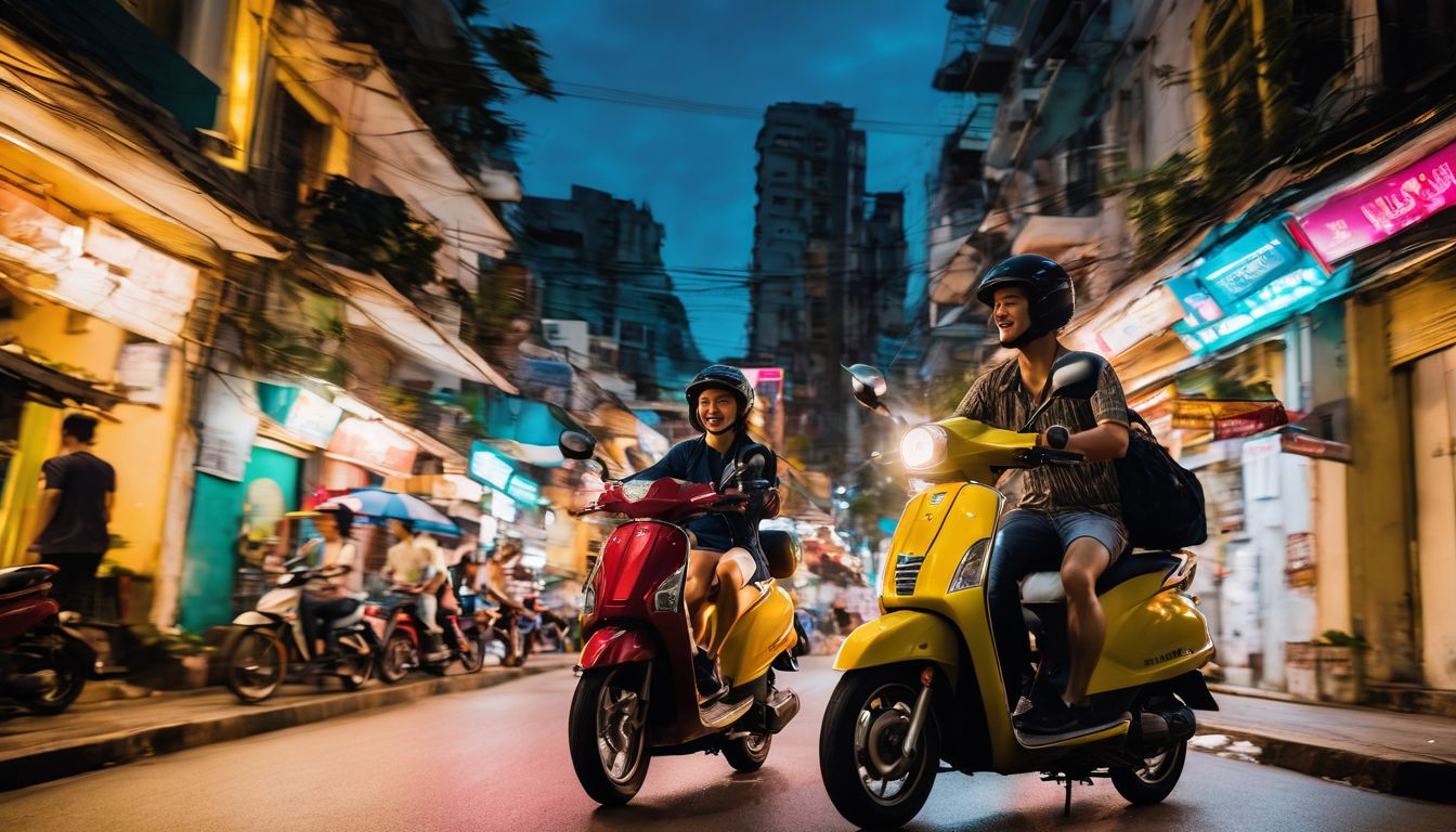 A diverse group of friends explore the lively streets of Ho Chi Minh City on a scooter.