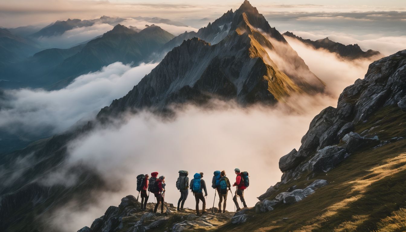 A diverse group of hikers stands triumphantly on a misty mountain peak surrounded by clouds.
