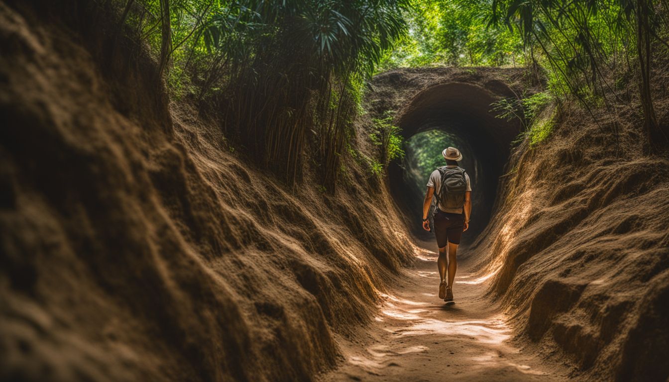 An American tourist explores the underground tunnels at Cu Chi, capturing the bustling atmosphere through stunning photography.
