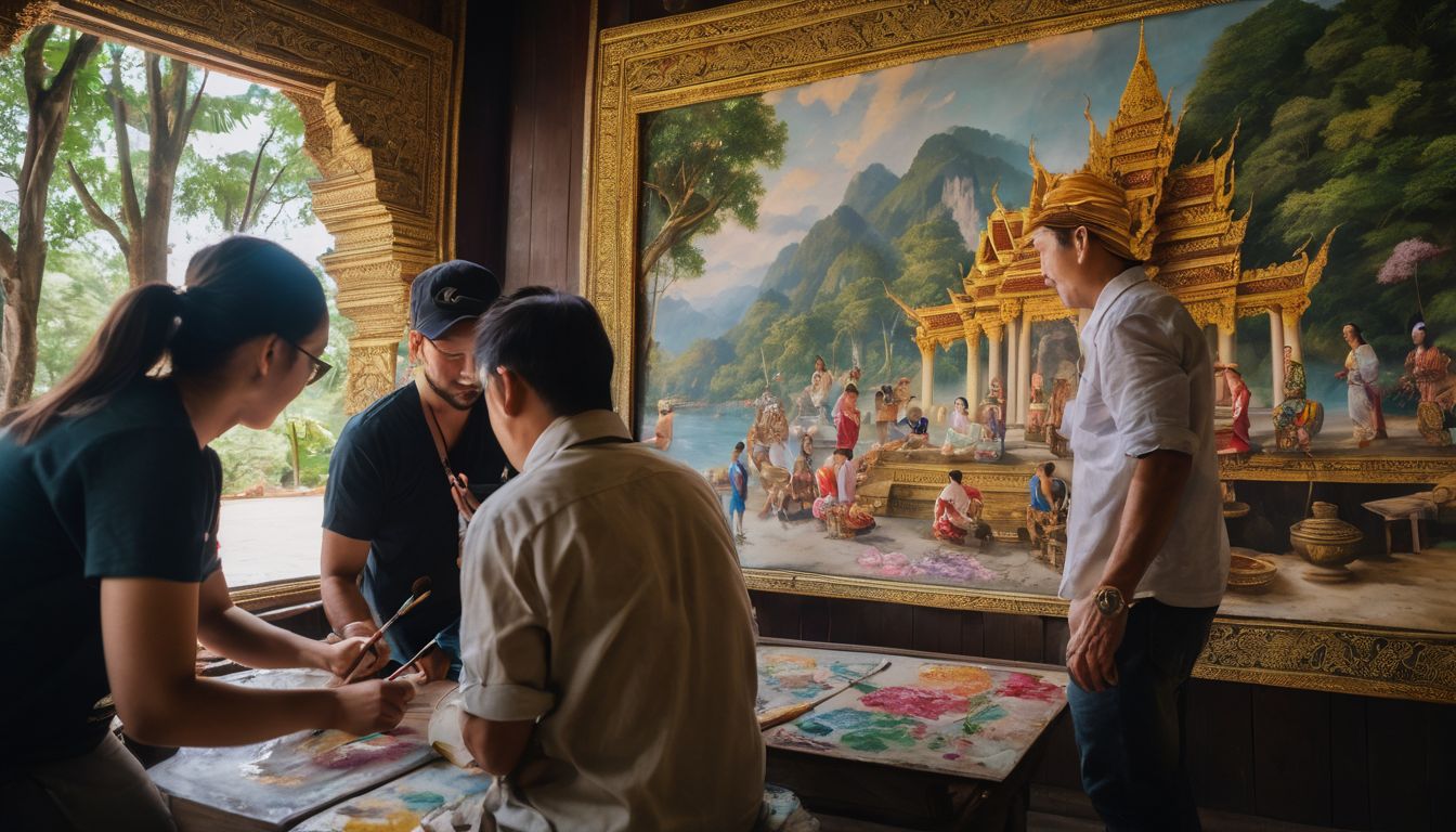 A diverse group of artists paint traditional Thai murals in a serene temple.