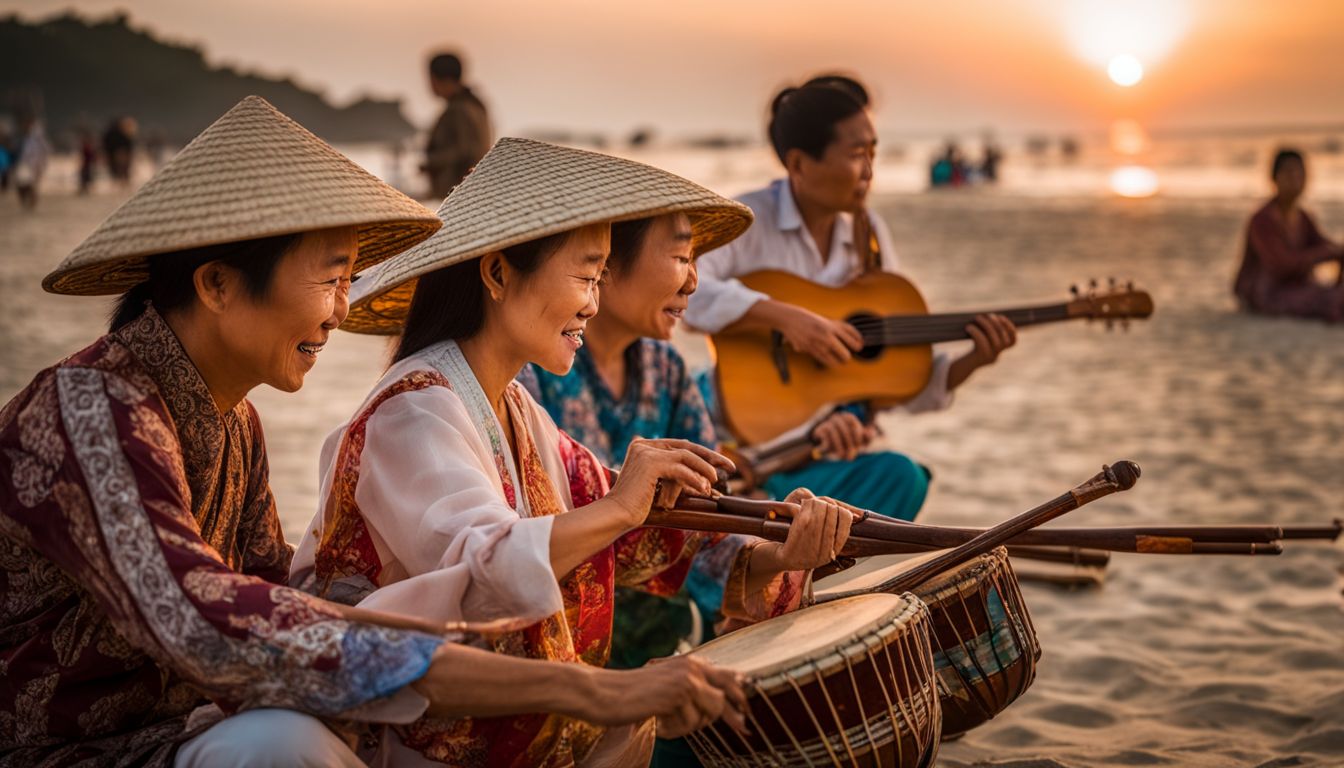 Local villagers playing traditional Vietnamese musical instruments on the beach at sunset, capturing cultural essence.