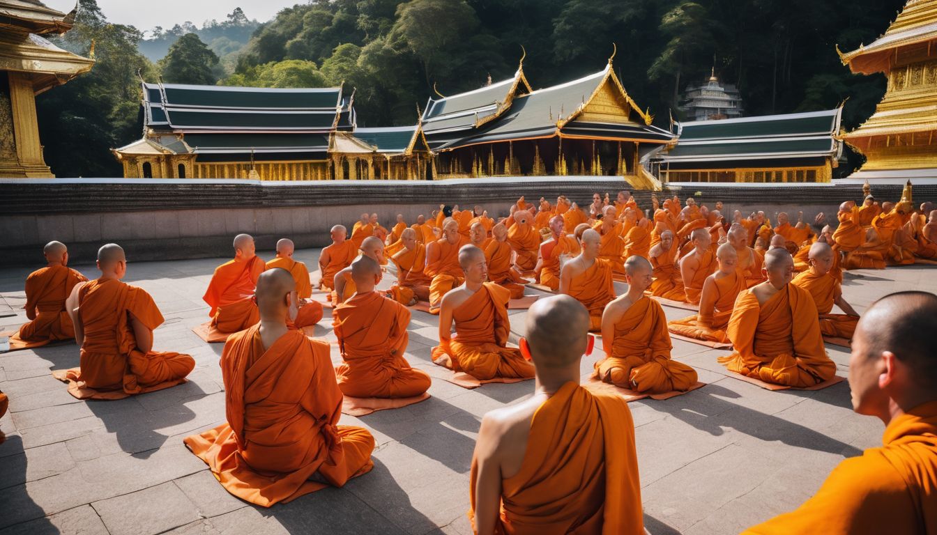 A group of Buddhist monks meditate in front of Doi Suthep temple in a bustling atmosphere.