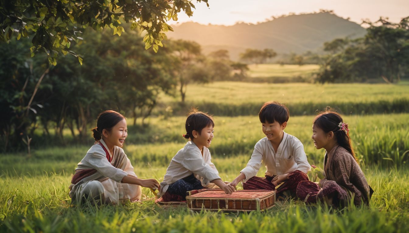A group of Thung children playing traditional games in a lush countryside field.