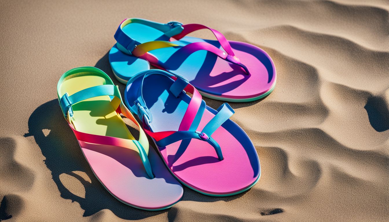 A pair of colorful thong sandals on a sandy beach with a clear blue ocean backdrop.