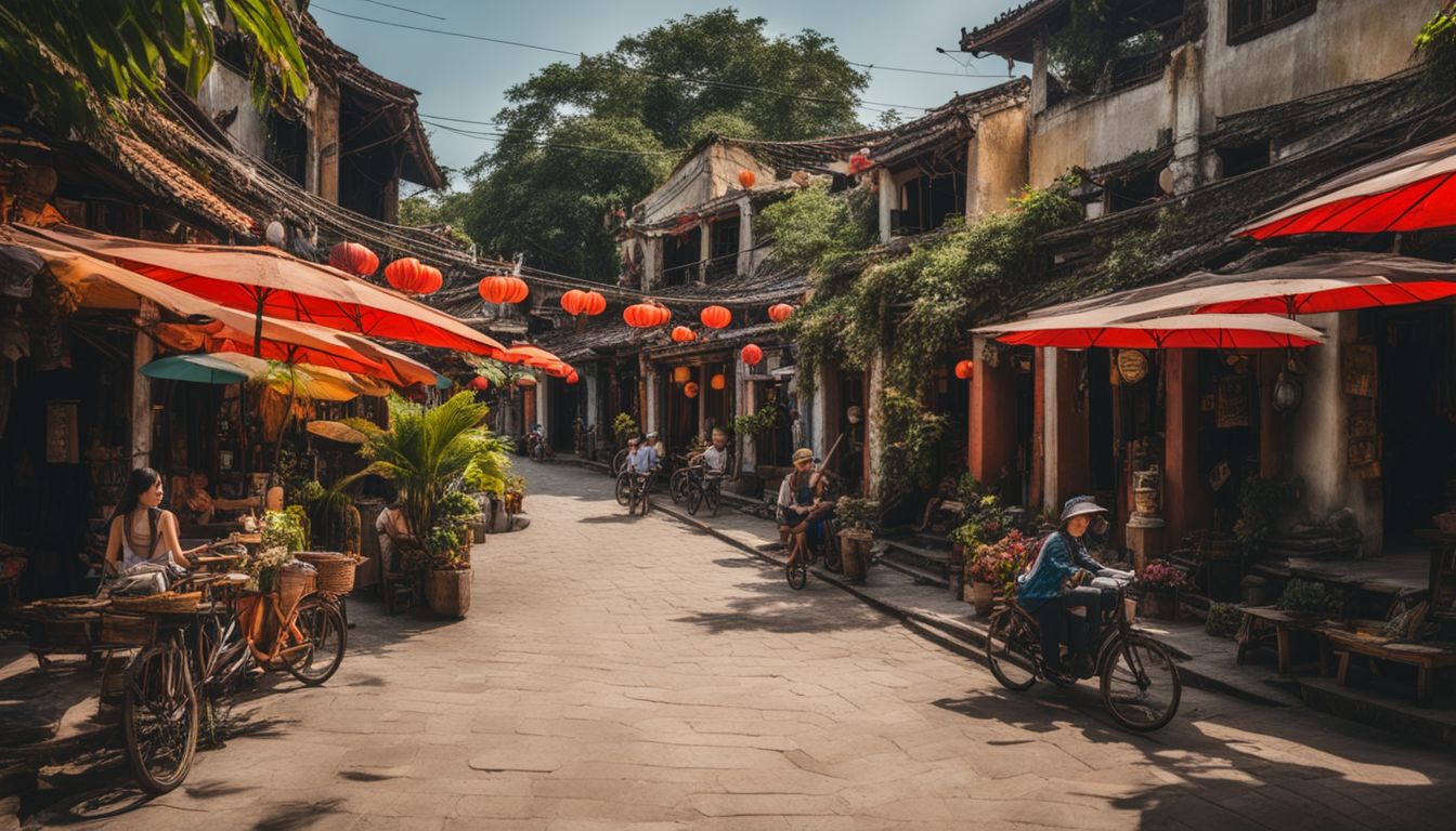 A panoramic shot of Hoi An's historic sites and Danang's pristine beaches featuring a diverse group of people.