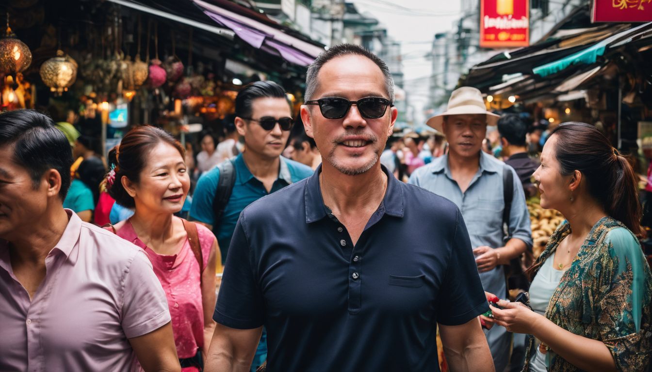 A photo of Tong leading a group of tourists through the bustling markets of Bangkok.