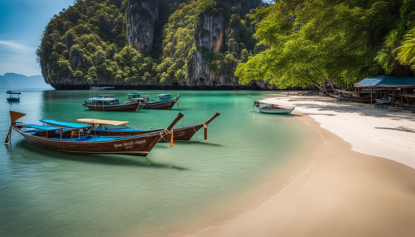 A picturesque scene of boats anchored on Railay Beach surrounded by tropical beauty.