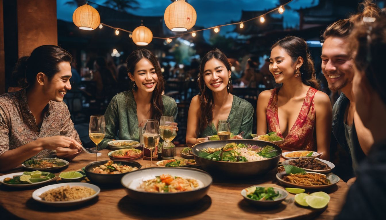 A group of friends enjoying a Thai feast at a communal table in a bustling atmosphere.