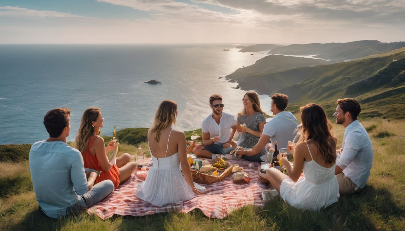 A diverse group of friends enjoy a picnic on a scenic hilltop overlooking the ocean.