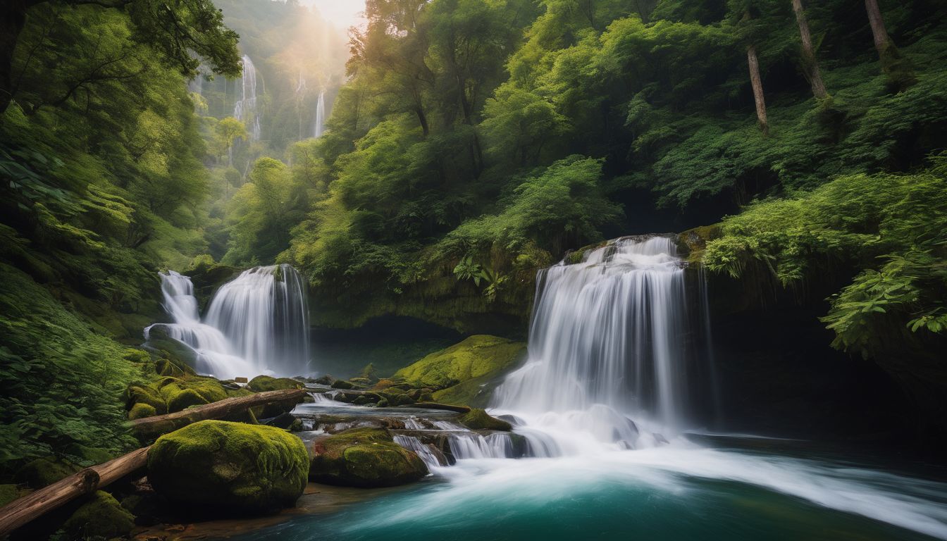 A stunning waterfall flowing through a vibrant forest, captured in high resolution and showcasing diverse individuals.