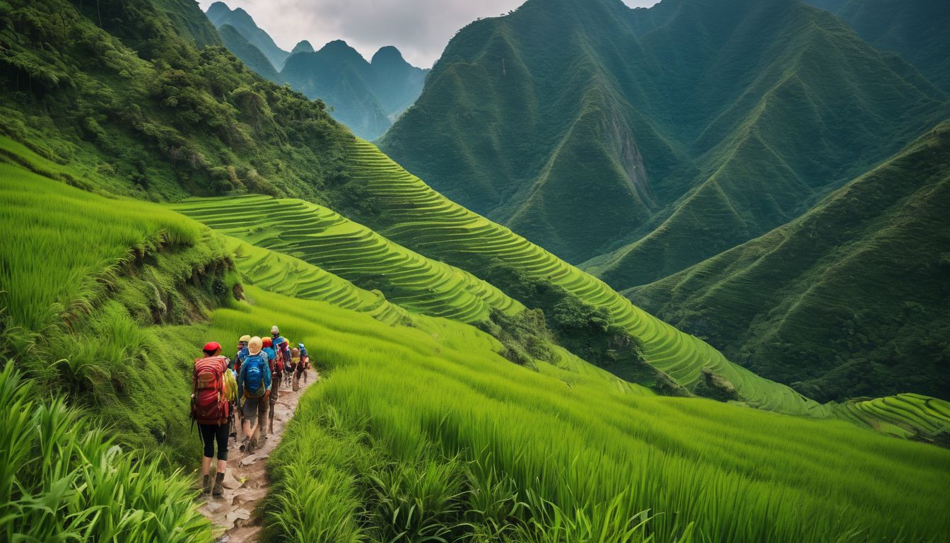 A diverse group of hikers exploring the vibrant green mountains of Vietnam.