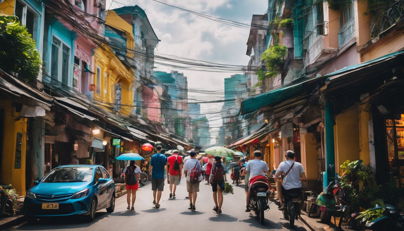 A diverse group of travelers explore the vibrant streets of Ho Chi Minh City in a bustling atmosphere.