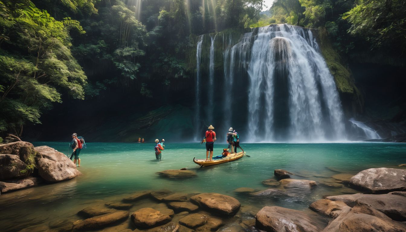 A diverse group of tourists exploring the beautiful waterfalls of Trang Province in Thailand.