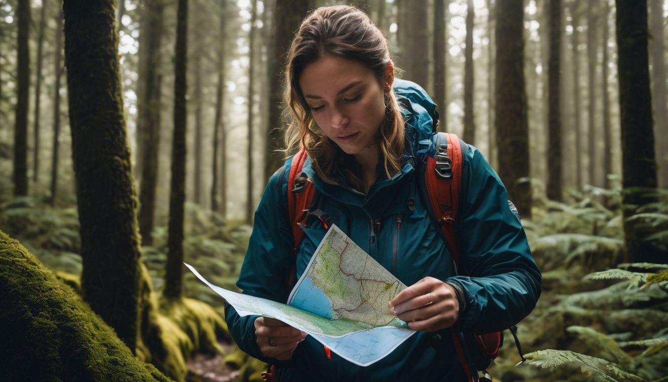 A person navigates through a dense forest using a map and compass.