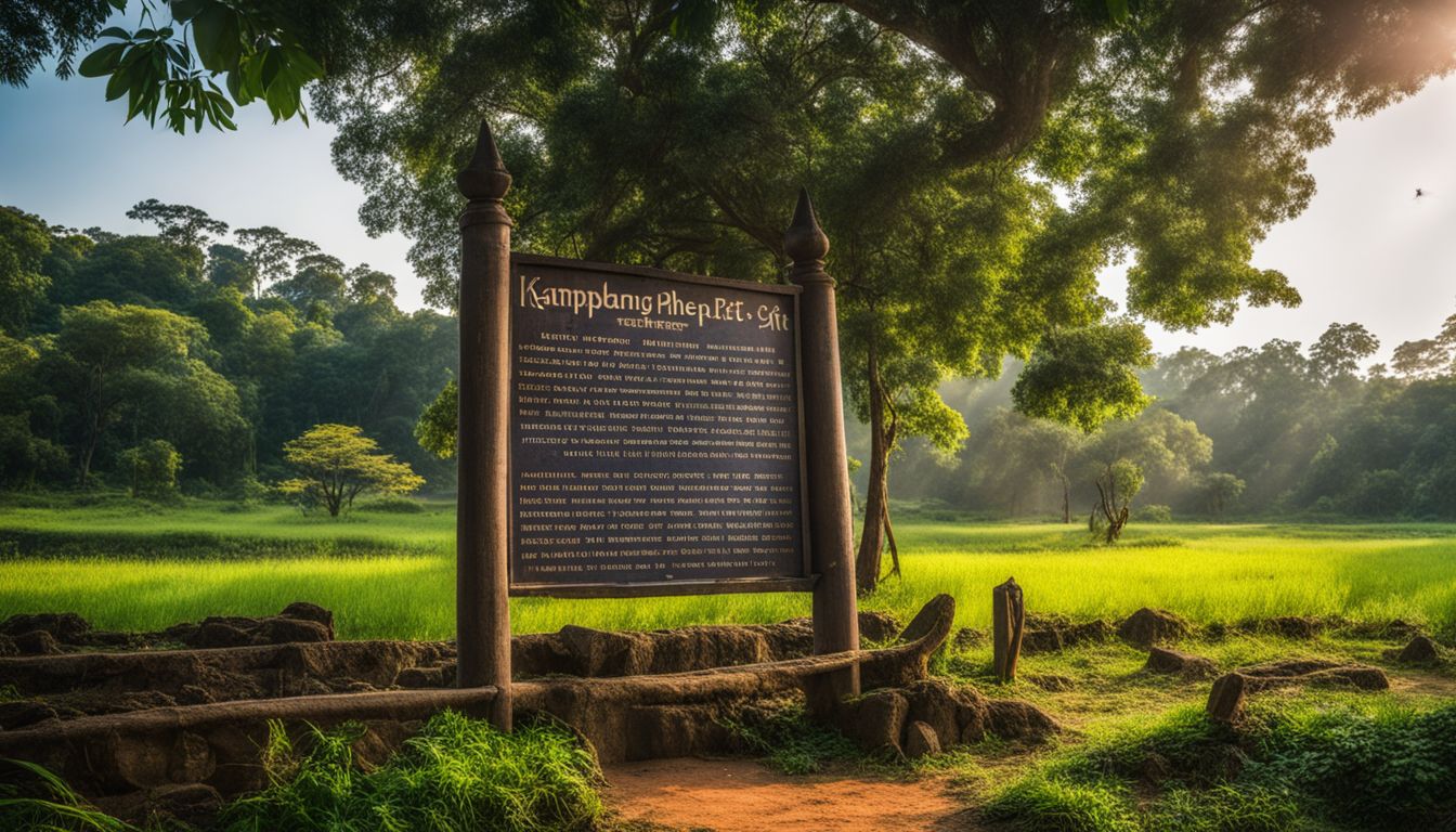 The Kamphaeng Phet Historical Park entrance sign surrounded by lush greenery, showcasing a diverse group of people and a bustling atmosphere.