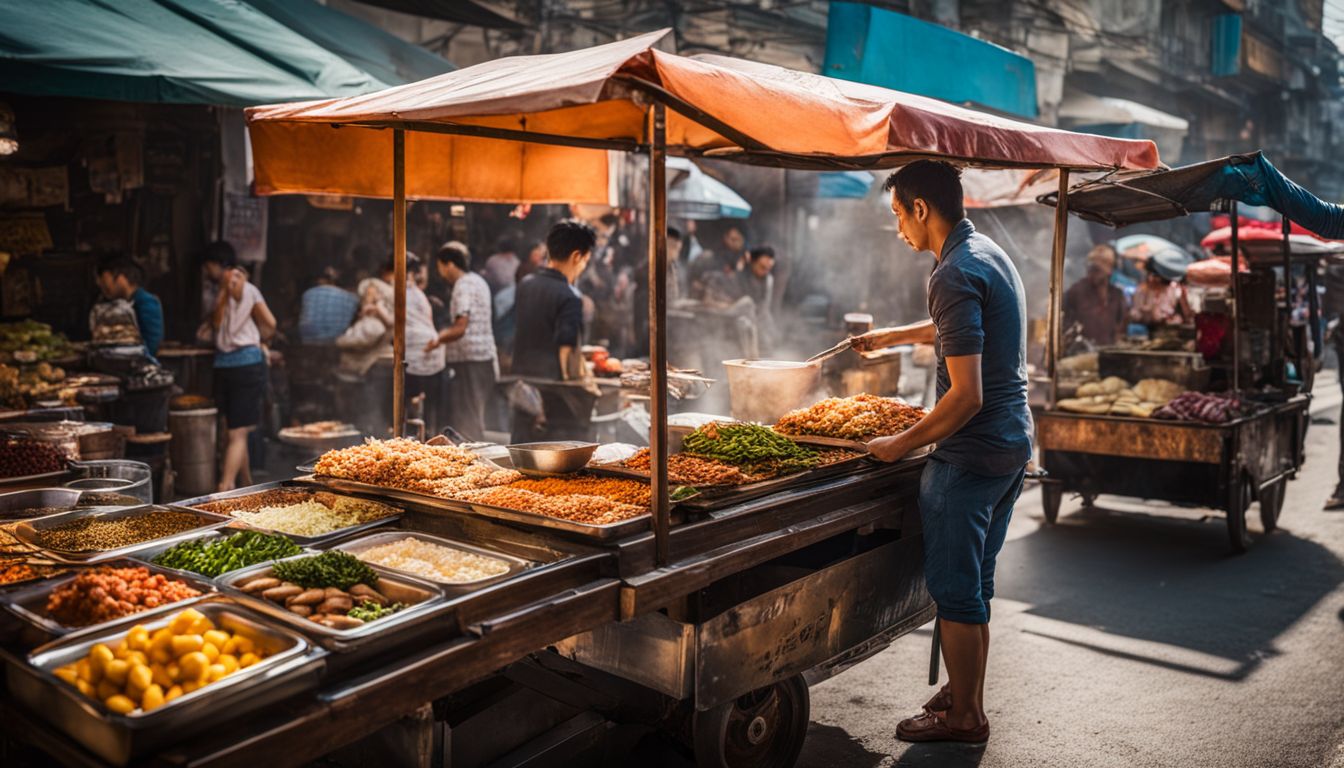 A street vendor selling delicious street food in the lively streets of District 1.