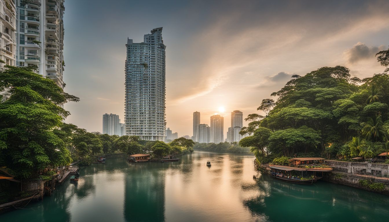A scenic riverside view of District 2, Thao Dien, featuring high-rise buildings and lush greenery.