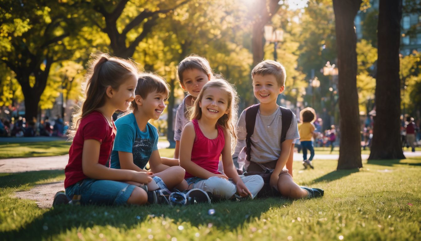 A group of diverse children playing in a vibrant city park, captured in high-definition clarity.