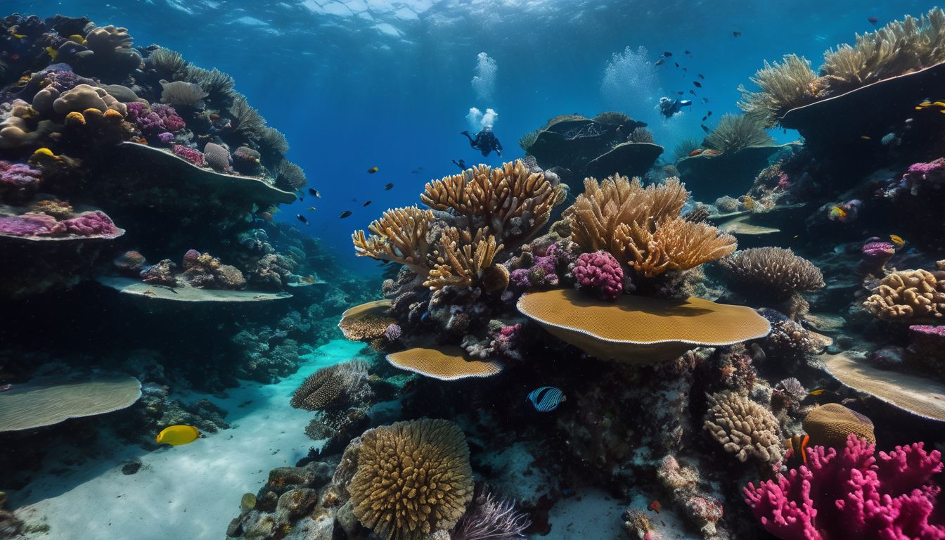 A group of divers explores vibrant coral formations during a reef diving expedition.