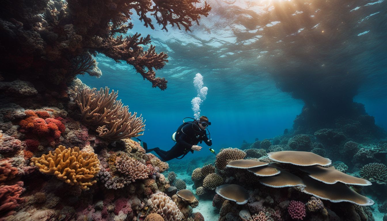 A diver explores vibrant coral reefs surrounded by a variety of marine life underwater.