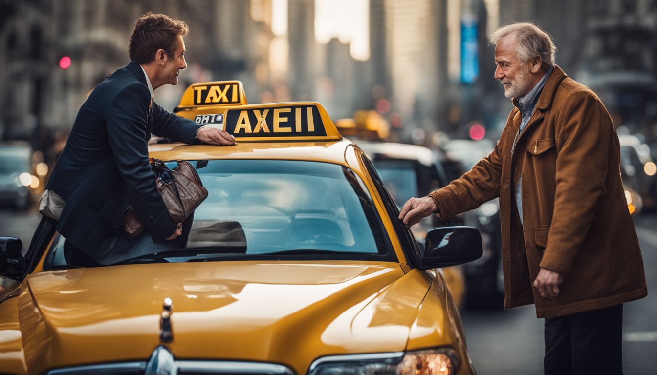 A taxi driver helps a passenger with luggage in a bustling cityscape.