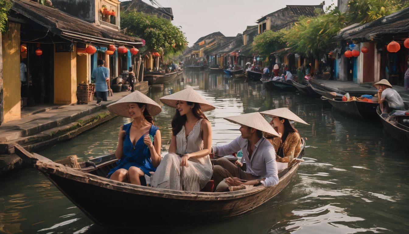 People enjoy a boat ride on Hoi An river capturing the bustling atmosphere and natural beauty.