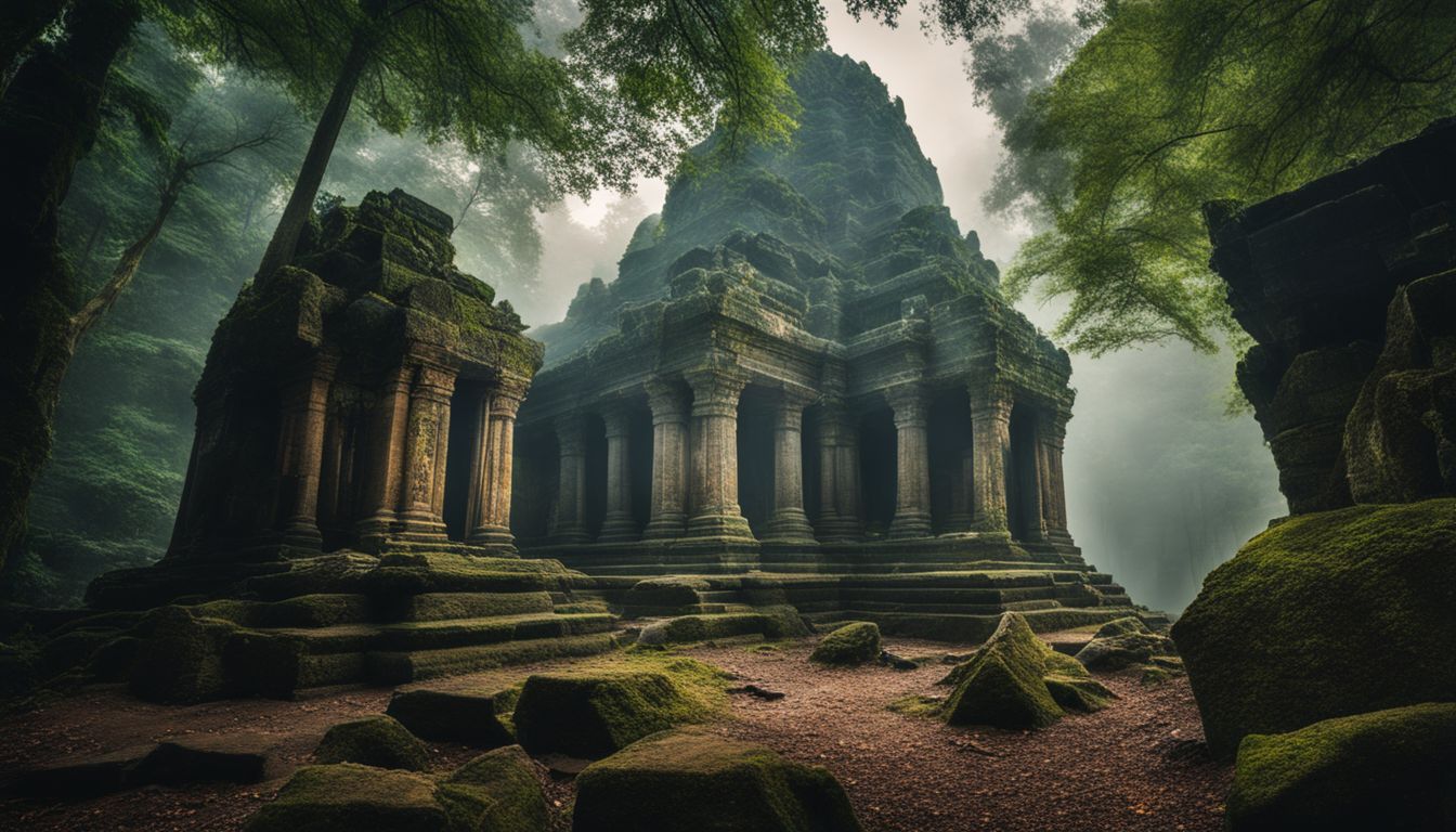 A photo of ancient temple ruins in a dense forest surrounded by mist, capturing the beauty of nature.