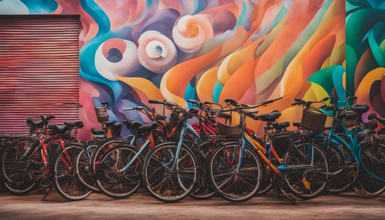 A row of bicycles lined up against a colorful mural in Trang City, with a bustling atmosphere and varied styles.
