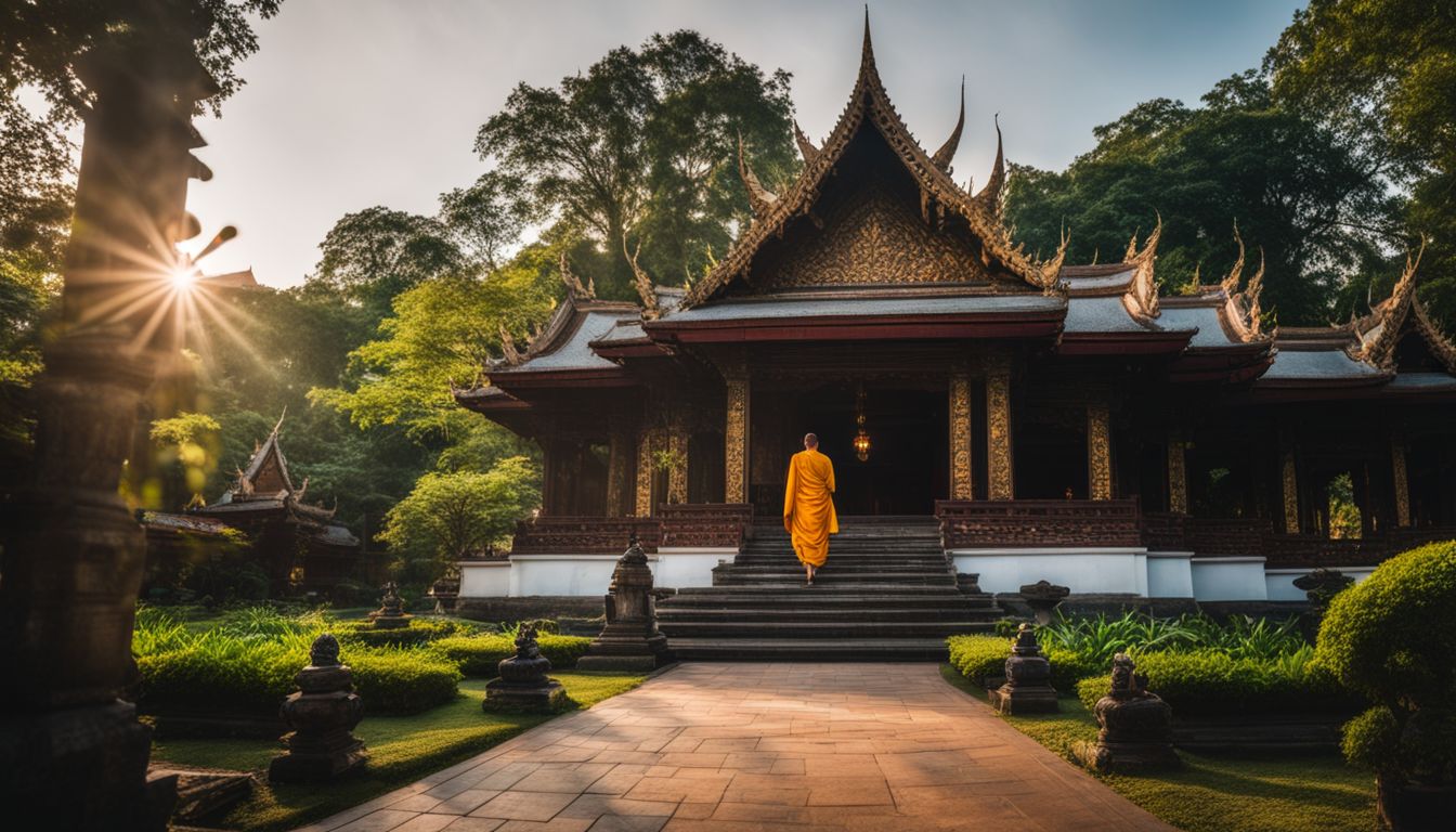 A serene Buddhist temple in Chiang Mai surrounded by lush greenery and a bustling atmosphere.