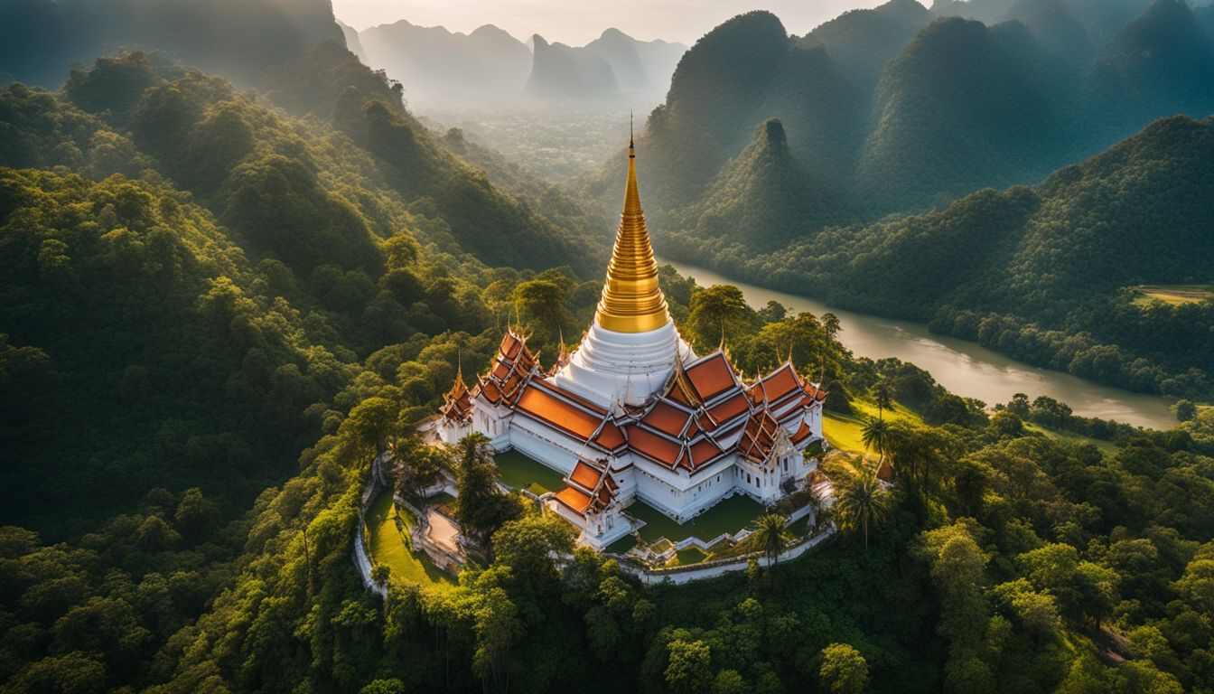 A breathtaking aerial view of Wat Chaloem Phra Kiat surrounded by mountains and lush greenery.