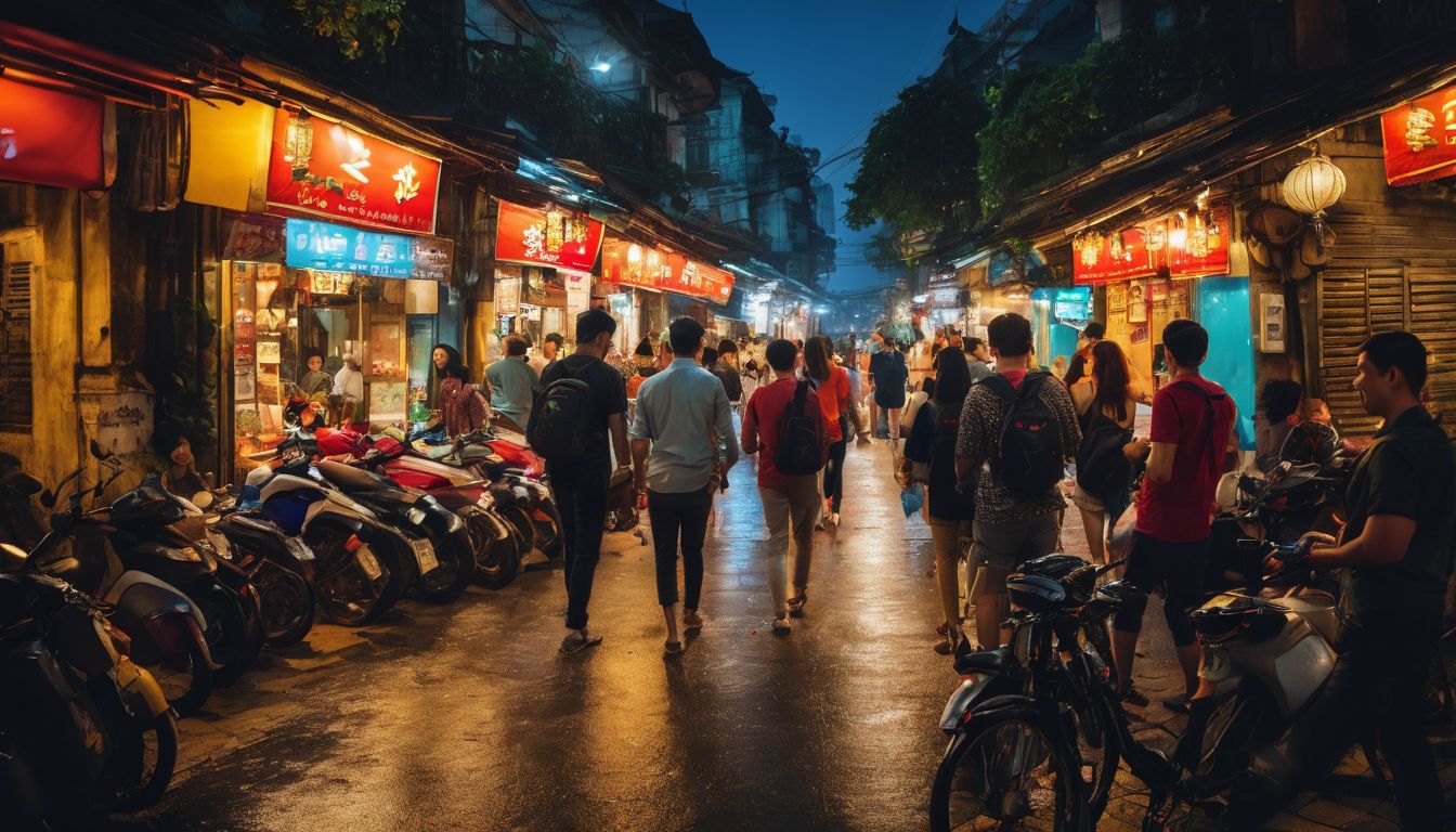 A diverse group of travelers exploring the vibrant streets of Hanoi at night.