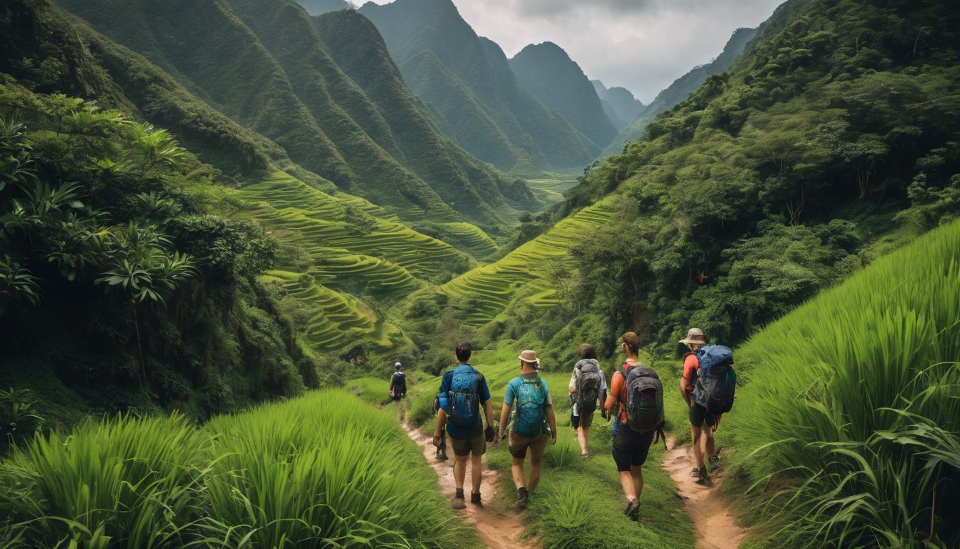 A diverse group of friends hiking through Vietnam's scenic landscapes on a popular trail.