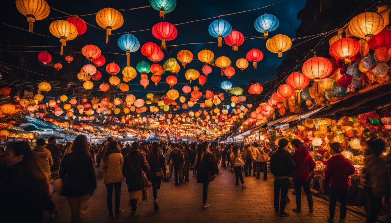 A vibrant night market filled with colorful lanterns, bustling crowds, and a lively atmosphere.