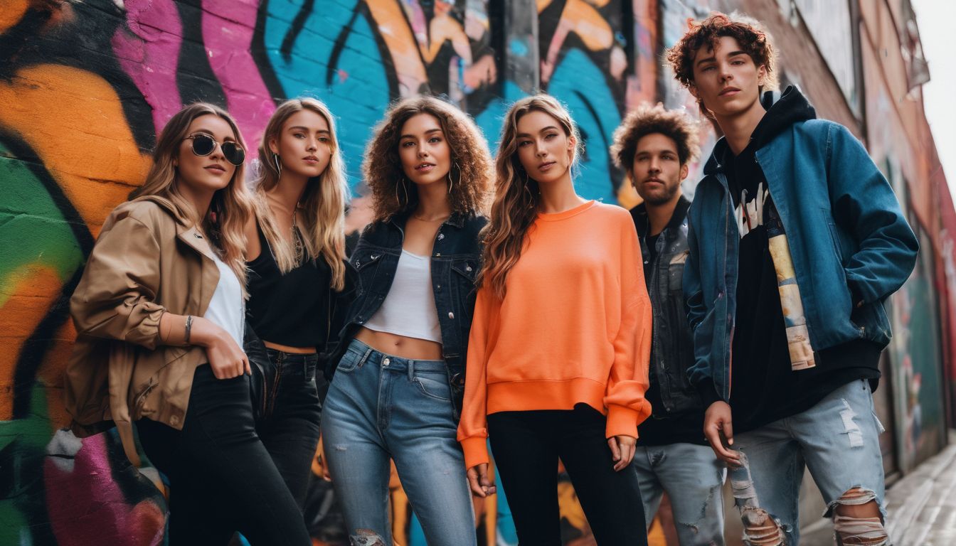 A diverse group of friends wearing trendy streetwear pose in front of colorful graffiti in an urban setting.