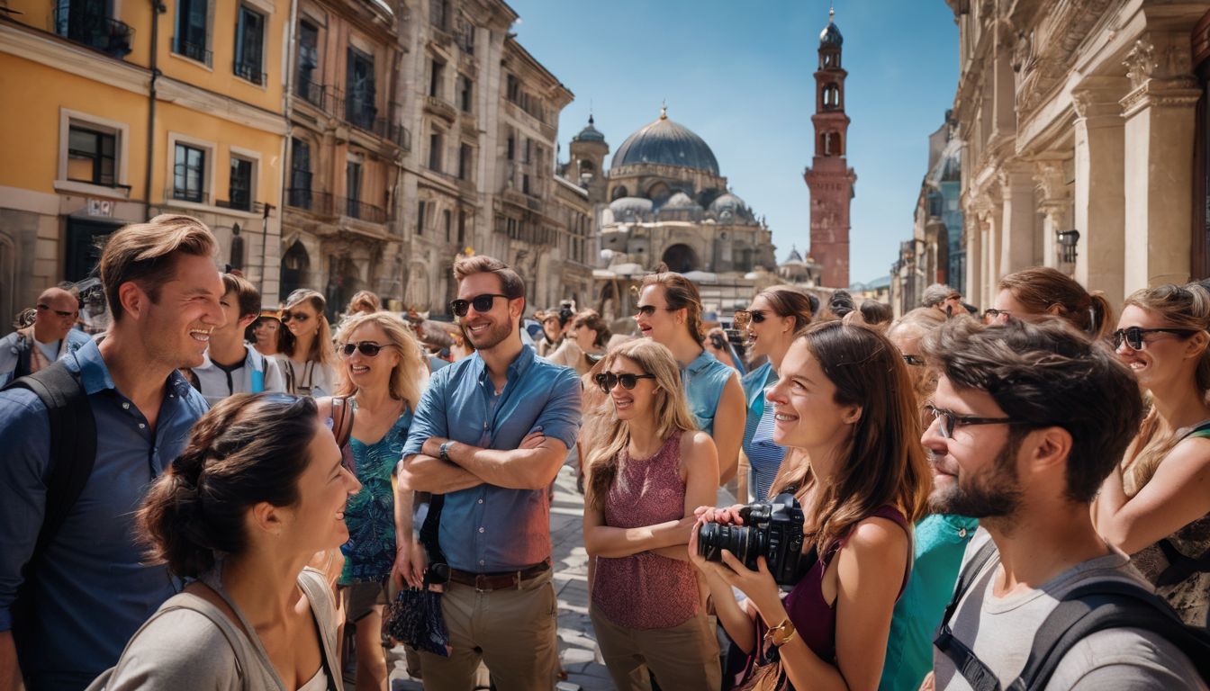 A group of tourists happily listening to a knowledgeable guide in front of a historic landmark.