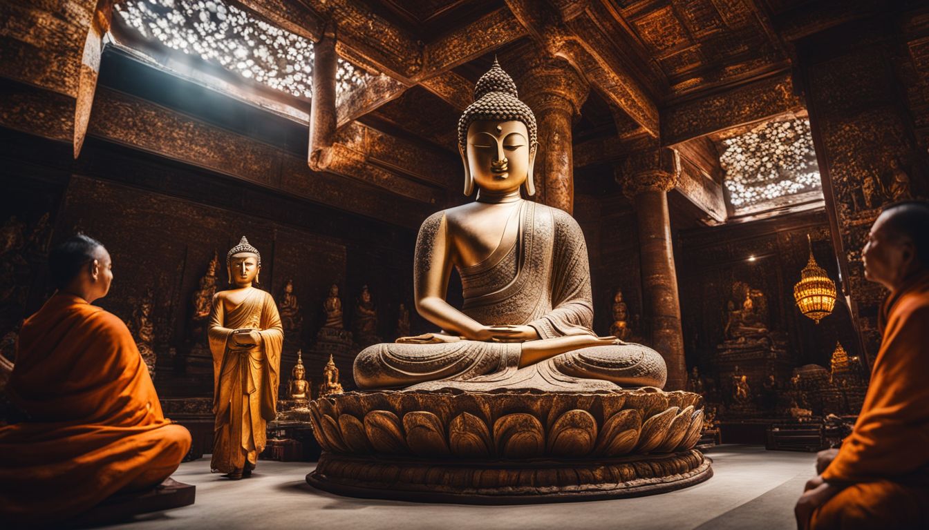 A photo of an ancient Buddha statue surrounded by intricate artwork, showcasing different faces, hairstyles, and outfits.