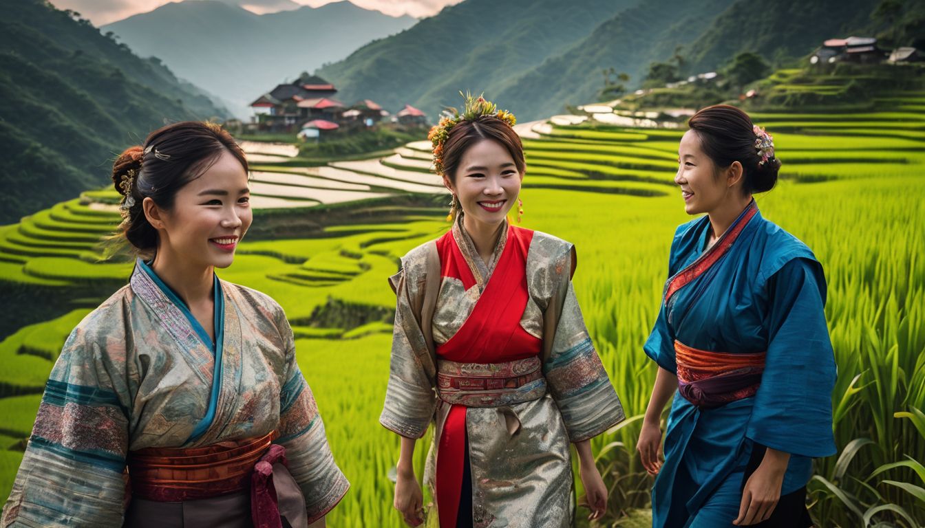 A group of hikers in traditional Vietnamese attire stand amidst vibrant rice terraces.