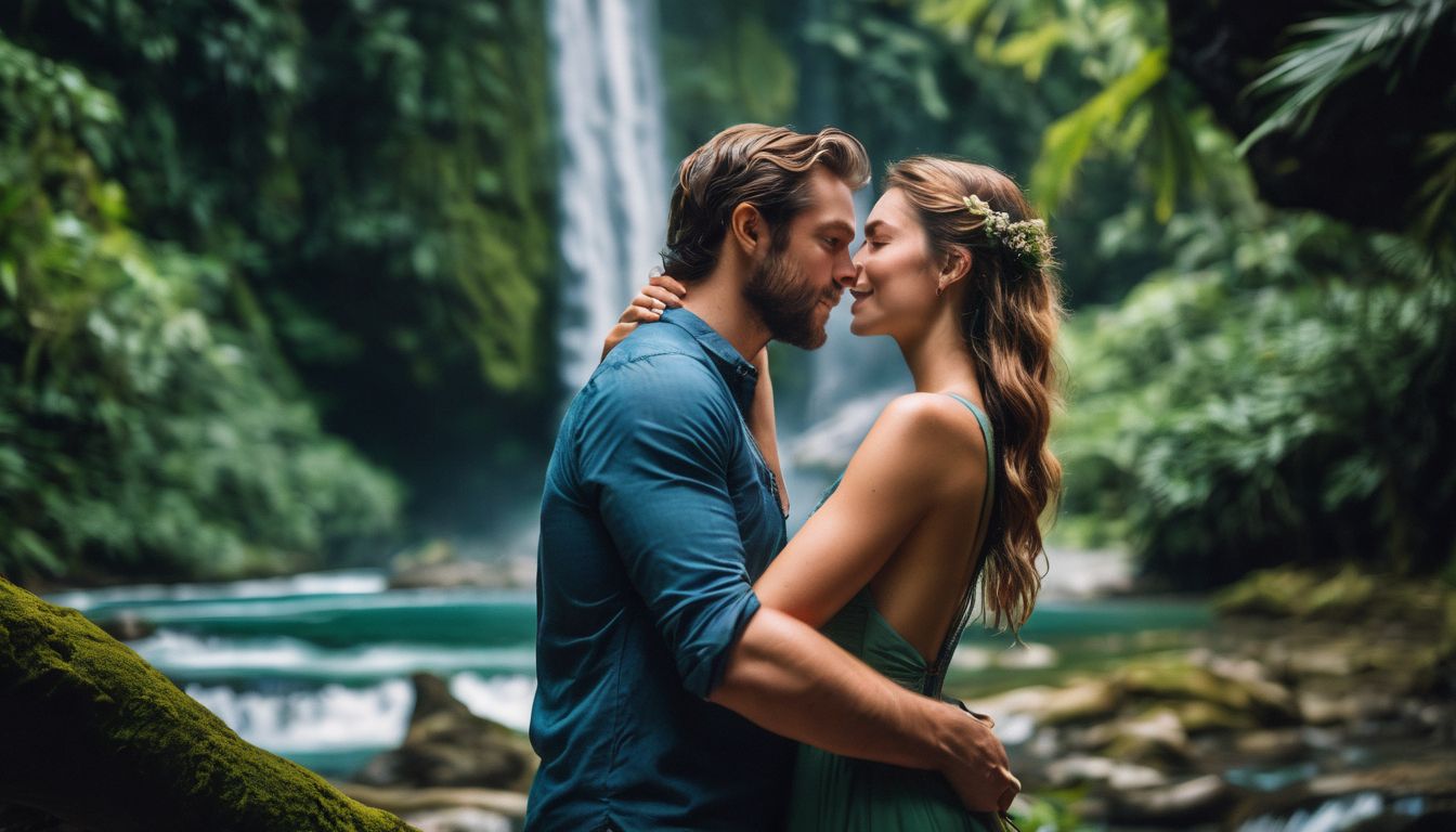 A couple embraces in a vibrant tropical paradise surrounded by waterfalls and exotic foliage.