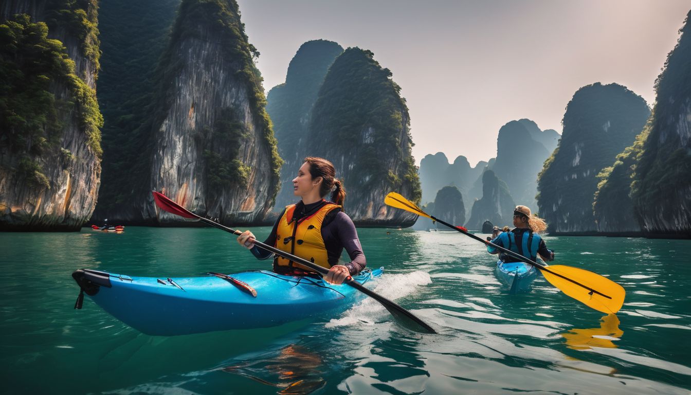 A group of friends kayaking through the stunning limestone karsts of Ha Long Bay.