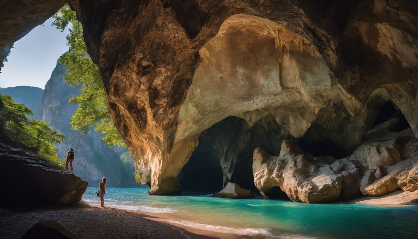 A person stands in awe inside Krasae Cave, surrounded by magnificent rock formations and a bustling atmosphere.