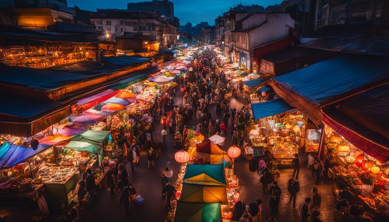 A vibrant night market with colorful stalls, lantern decorations, and bustling atmosphere captivates viewers in this cityscape photograph.