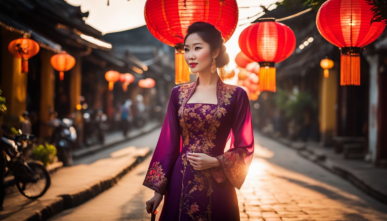 A woman in a traditional Vietnamese ao dai dress walks through the lantern-lit streets of Hoi An.