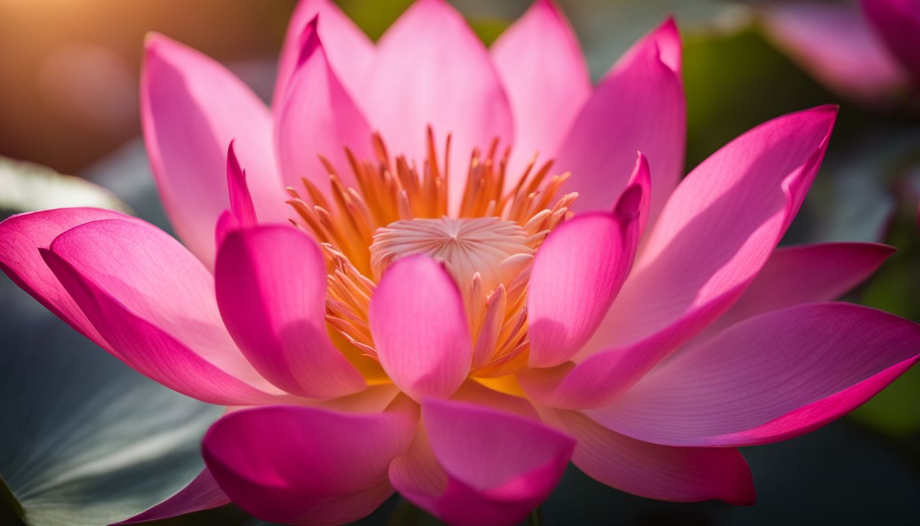 A close-up photo of a vibrant pink lotus flower blooming in the sunlight.