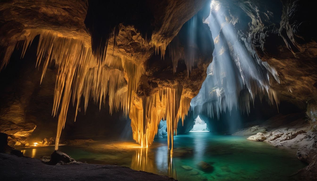 A photo showcasing the stunning stalactite formations in En Cave, with people in various outfits exploring the cave.
