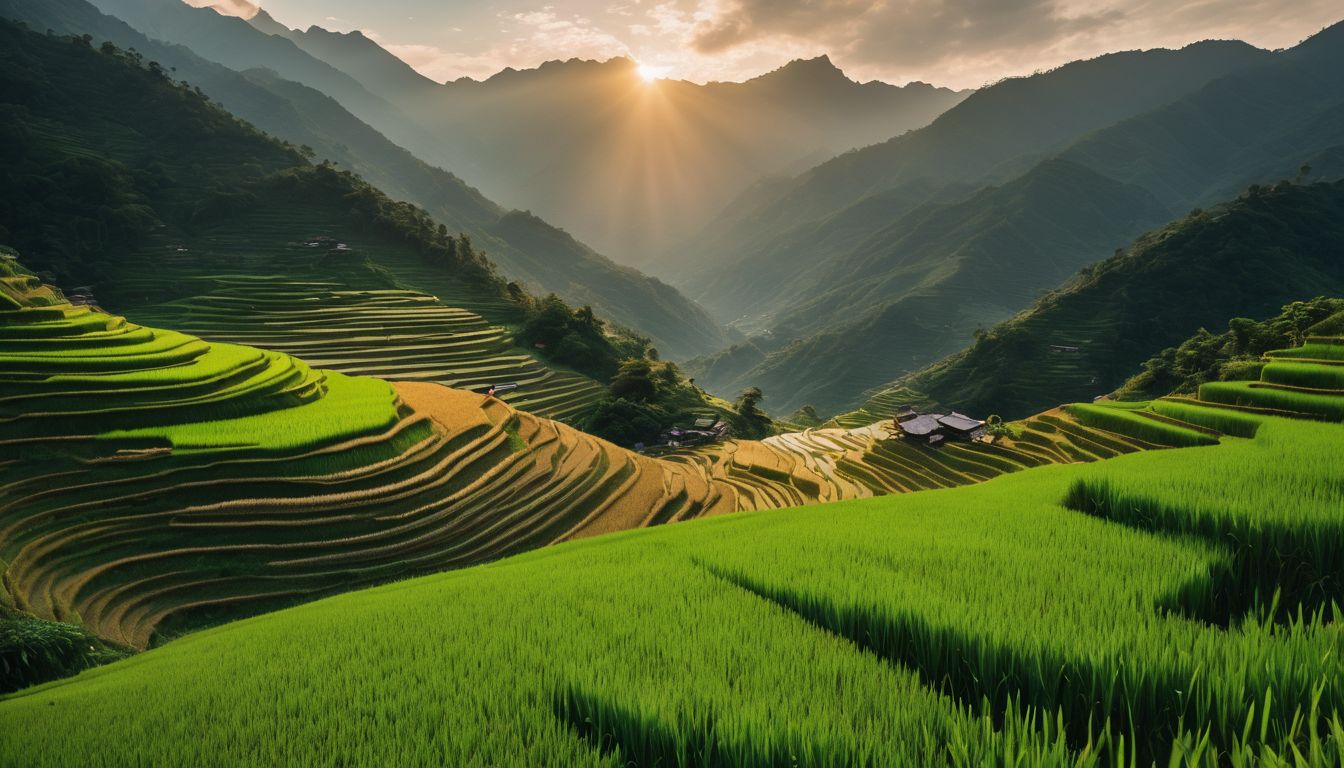 A beautiful rice terrace field with mountains in the background, featuring diverse faces and outfits.