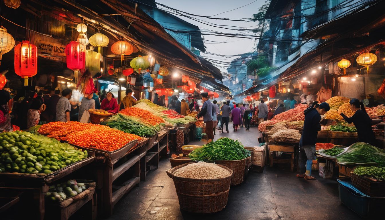 A vibrant and bustling traditional Vietnamese market scene captured in crystal clear detail.