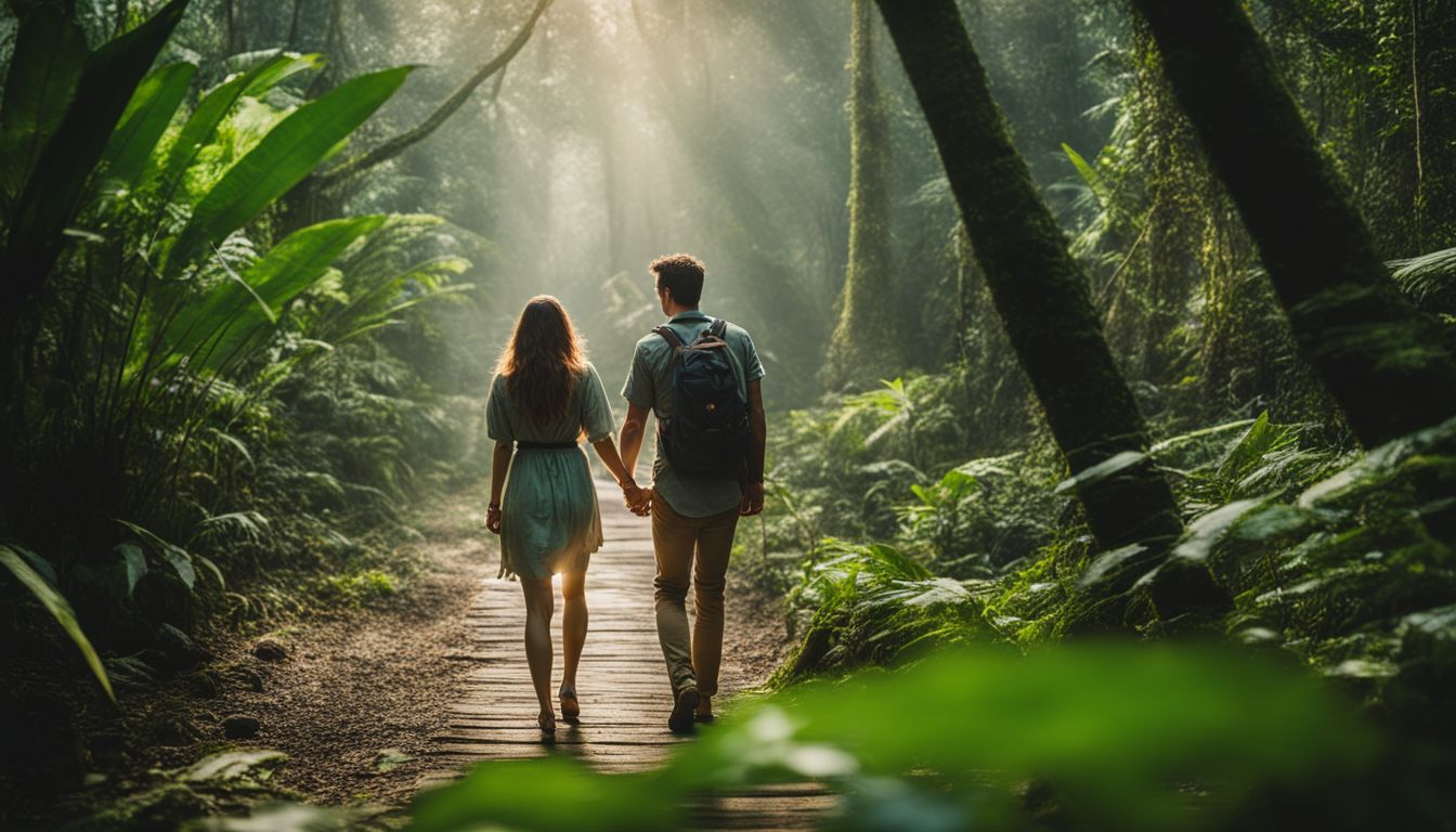 A couple explores a vibrant Thai rainforest hand in hand, surrounded by lush greenery.